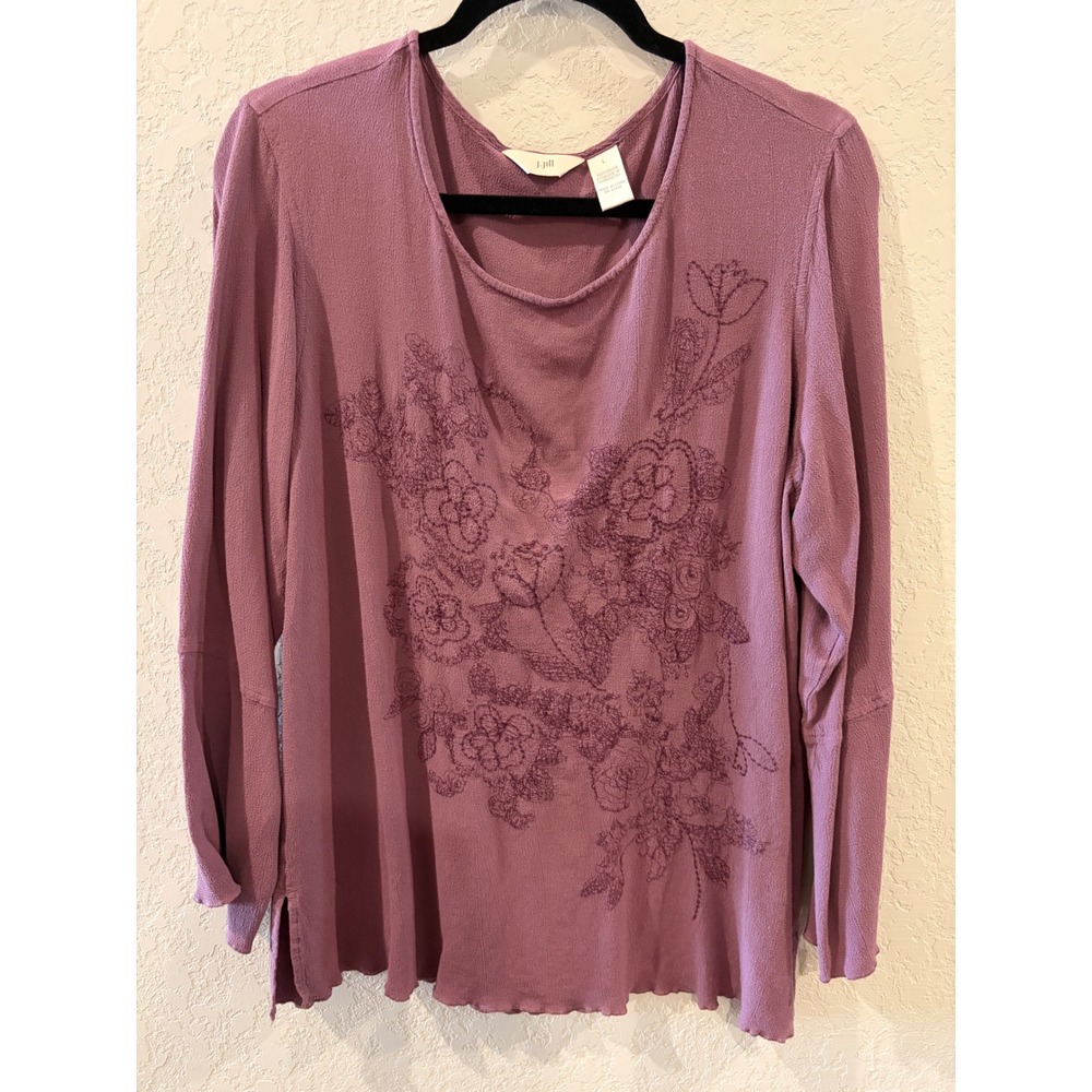 J. Jill Embroidered Floral Rayon Crepe Blouse Plum Mauve Long Sleeve Large